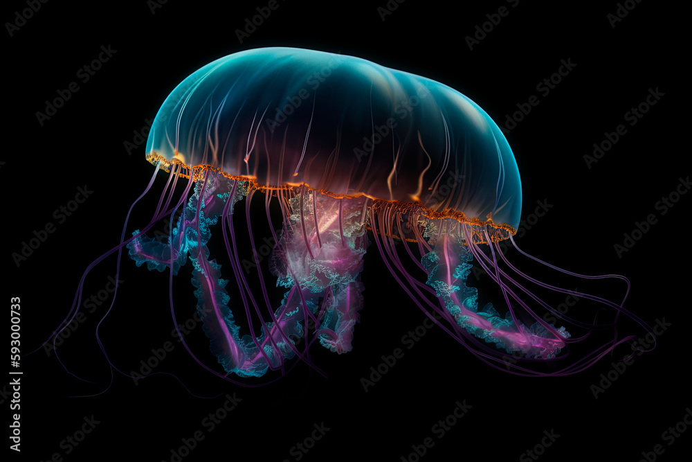 A jellyfish is glowing against a black background. Generative AI A jellyfish is glowing against a black background. Generative AI