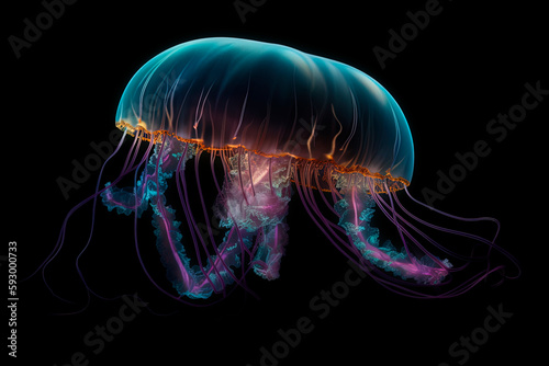A jellyfish is glowing against a black background. Generative AI © Oleksandr