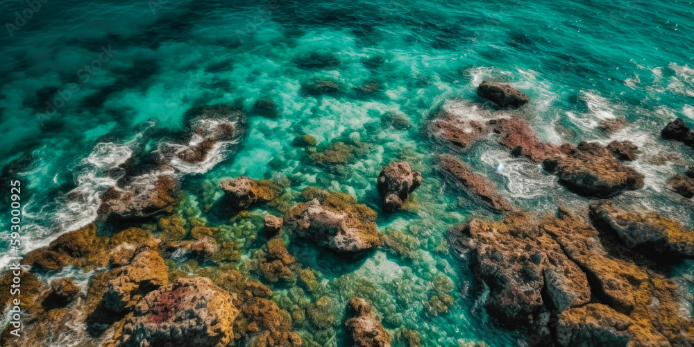 Coast as a background from above. Turquoise background with top view. Summer seascape from the air. Nusa Penida Island, Indonesia. Travel. Generative Ai