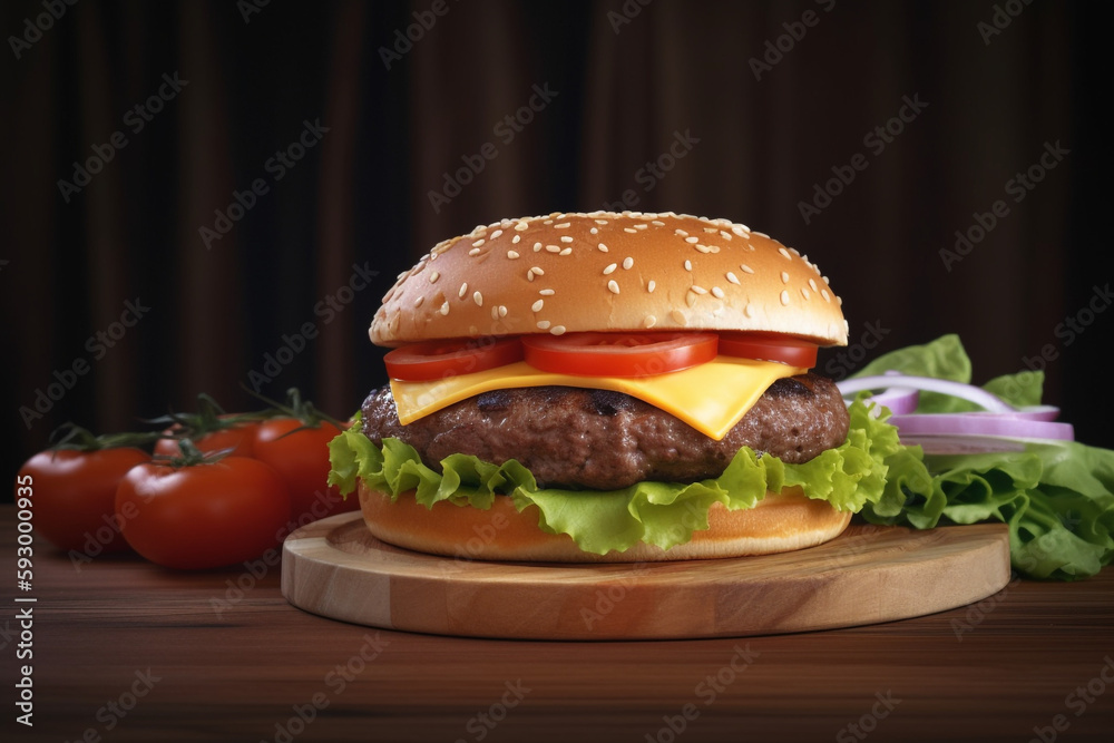 Tasty grilled beef burger with lettuce, cheese , onion served on a chopping board on a black wooden table, with copy space. Generative AI Tasty grilled beef burger with lettuce, cheese , onion served on a chopping board on a black wooden table, with copy space. Generative AI
