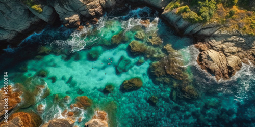 Coast as a background from above. Turquoise background with top view. Summer seascape from the air. Nusa Penida Island, Indonesia. Travel. Generative Ai