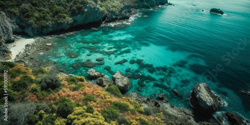 Coast as a background from above. Turquoise background with top view. Summer seascape from the air. Nusa Penida Island, Indonesia. Travel. Generative Ai