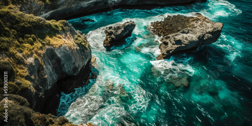 Coast as a background from above. Turquoise background with top view. Summer seascape from the air. Nusa Penida Island, Indonesia. Travel. Generative Ai