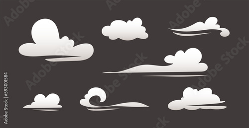 Set of different white cloud for windy sky. Flat design elements collection. Vector illustration
