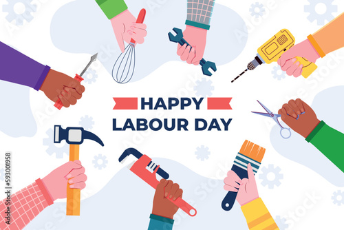 illustration of Labor Day concept with hands holding tools. Poster for labour day, International worker's day. 1st May, Cartoon illustration.