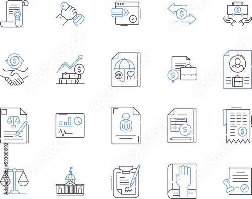 Law outline icons collection. Lawyer, Attorney, Judgement, Regulations, Punishment, Litigation, Contract vector and illustration concept set. Appeal, Dispute, Rights linear signs
