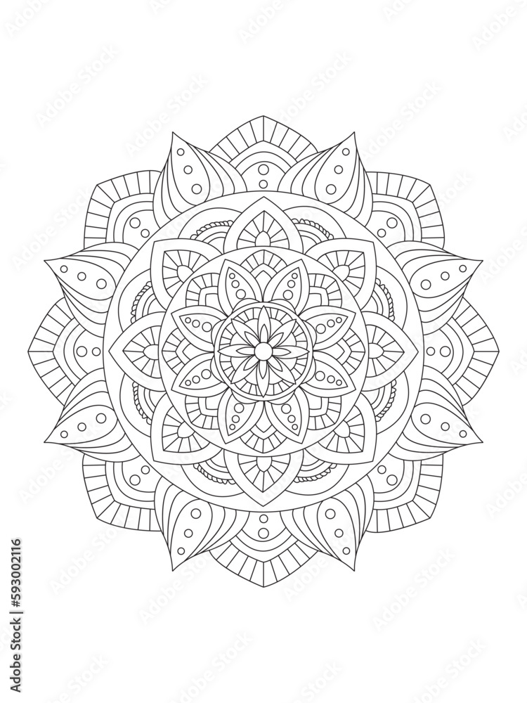  Flowers  Leaves Coloring page Adult.Contour drawing of a mandala on a white background.  Vector illustration Floral Mandala Coloring Pages, Flower Mandala Coloring Page, Coloring Page For Adul