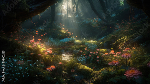fairy forest  luminous flowers created with Generative AI Technology