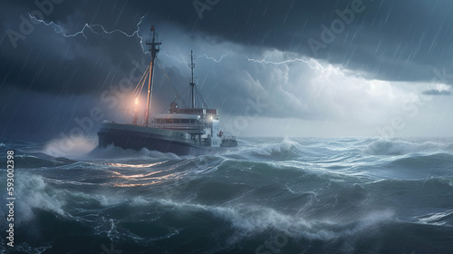 storm over the sea ship in the sea created with Generative AI Technology
