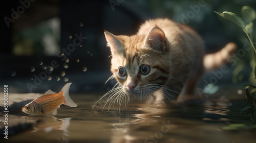 cat hunting fish created with Generative AI Technology