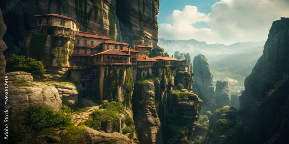 Mysterious monasteries hanging over rocks of Meteora, Greece - most famous landmarks and beautiful places, Generative Ai