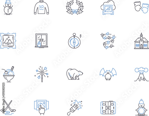 Winter holidays outline icons collection. Christmas, New Year, Snow, Skiing, Reindeer, Elves, Sleigh vector and illustration concept set. Frost, Carols, Hanukkah linear signs