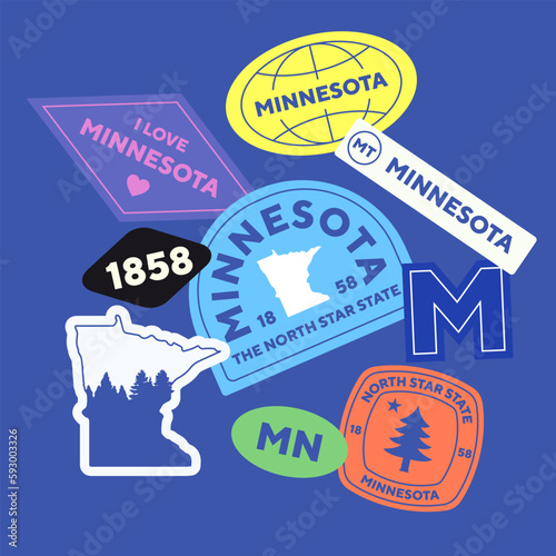 Sticker Pack. Collection of trendy pins. Set of cool patches vector design. Minnesota retro badges.