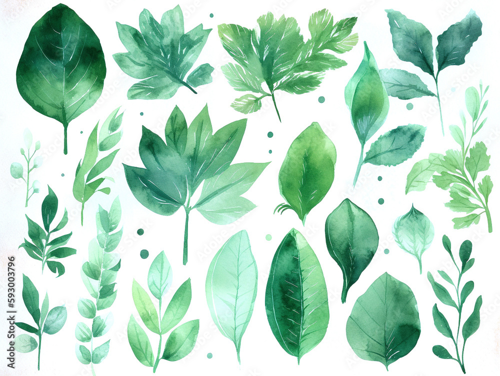 Obraz premium 水彩で描いた緑色の葉っぱ