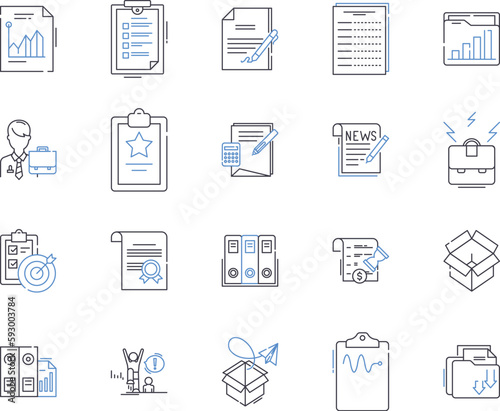 Paperwork outline icons collection. Forms, Documents, Records, Filing, Contracts, Letters, Bills vector and illustration concept set. Notices, Applications, Memoranda linear signs