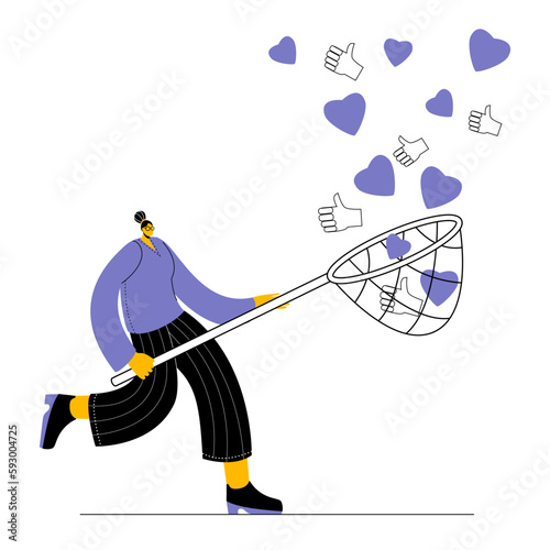 A blogger with a net catches likes and hearts. Vector illustration on the topic of promotion in social networks.