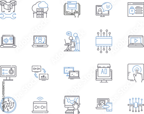 Website and computer outline icons collection. website, computer, internet, browsing, surfing, search, engine vector and illustration concept set. optimization, design, development linear signs