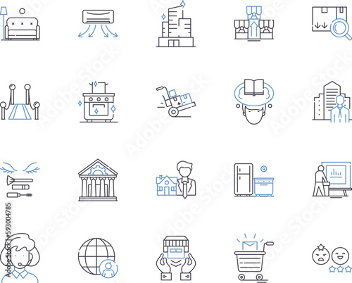 City and household outline icons collection. City, Household, Urban, Dwelling, Town, Home, Residence vector and illustration concept set. Abode, Domicile, Village linear signs