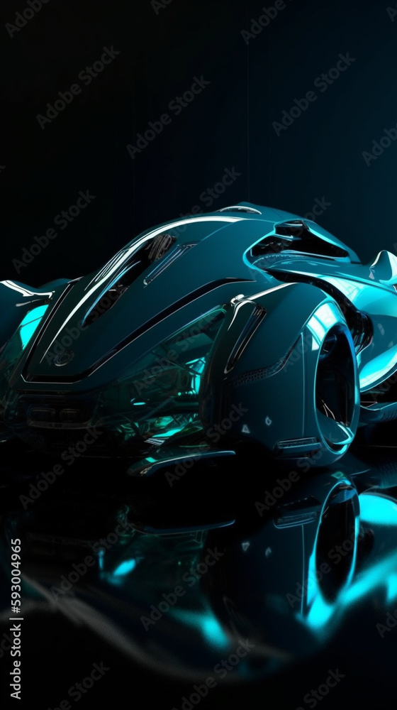 Futuristic black electric automobile with cyan blue neon  led lights. Ai 3d rendering car design. Unreal engine wallpaper on Future Transport. Autonomous driverless vehicle and technology concept