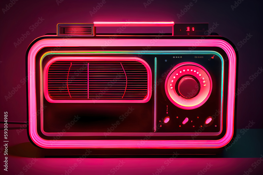 Fototapeta premium Neon radio sign. Vector radio receiver illustration in bright neon style. Generative Ai