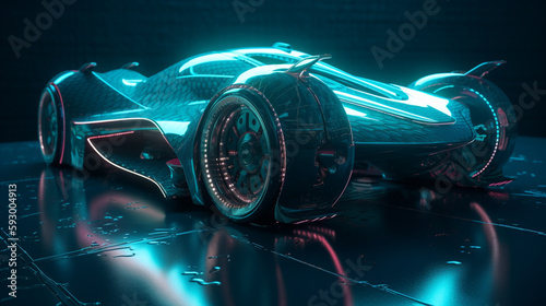 Futuristic black electric automobile with cyan blue neon led lights. Ai 3d rendering, digital car design. Unreal engine wallpaper on Future Transport. Autonomous driverless vehicle, technology concept