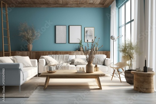 Modern bright living room in costal style, white sofa and wooden furniture on light blue wall background, 3d render. Generative AI photo