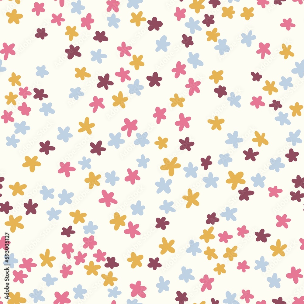 Hand drawn seamless pattern of tiny ditsy flowers. Blue yellow orange floral print on light pastel background, vintage retro minimalist style, small daisy nature art, spring summer garden five petals.