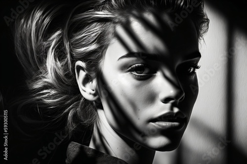 pretty young woman with hair up  face half hidden in shadow created with Generative AI technology