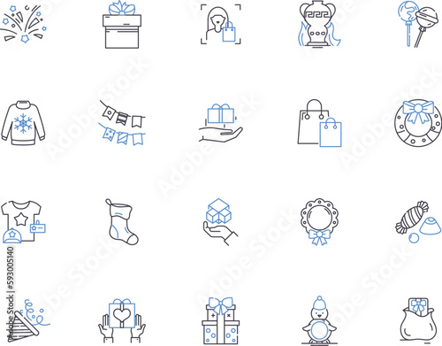 Gifts outline icons collection. Present, Birthday, Souvenir, Keepsake, Offering, Token, Surprise vector and illustration concept set. Trinket, Goody, Glittery linear signs
