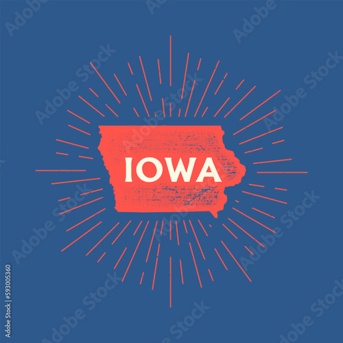 Vintage Iowa, USA map with grunge texture and emblem. Iowa vintage print for t-shirt. Trendy Hipster design. Vector illustration