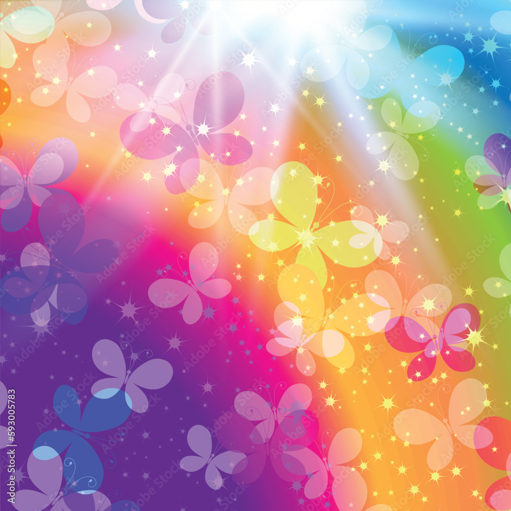 Vector spring poster with colorful rainbow and stars and rays and butterflies