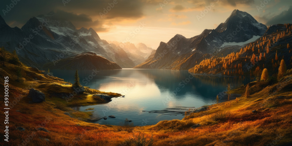 Fantastic evening panorama of Lake, Switzerland. Picturesque autumn sunset in the Alps, Generative Ai