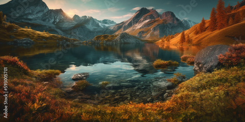 Fantastic evening panorama of Lake, Switzerland. Picturesque autumn sunset in the Alps, Generative Ai