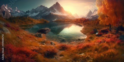 Fantastic evening panorama of Lake, Switzerland. Picturesque autumn sunset in the Alps, Generative Ai © Landscape Planet