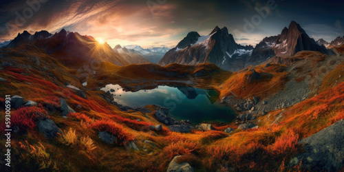 Fantastic evening panorama of Lake, Switzerland. Picturesque autumn sunset in the Alps, Generative Ai © Landscape Planet