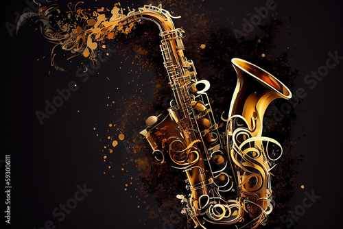 Music, saxophone made with musical symbols. Generative Ai