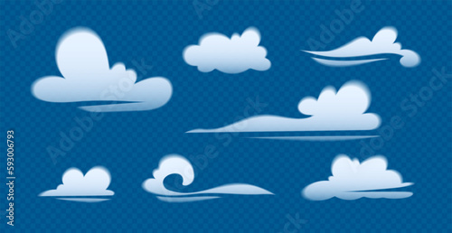 Set of different white clouds for windy sky. Blurred effect design elements collection. Vector illustration