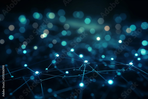 Illuminated network nodes against a dark background - network, Deep Blue background, Technology background, Business concept, digital background, bokeh Generative AI