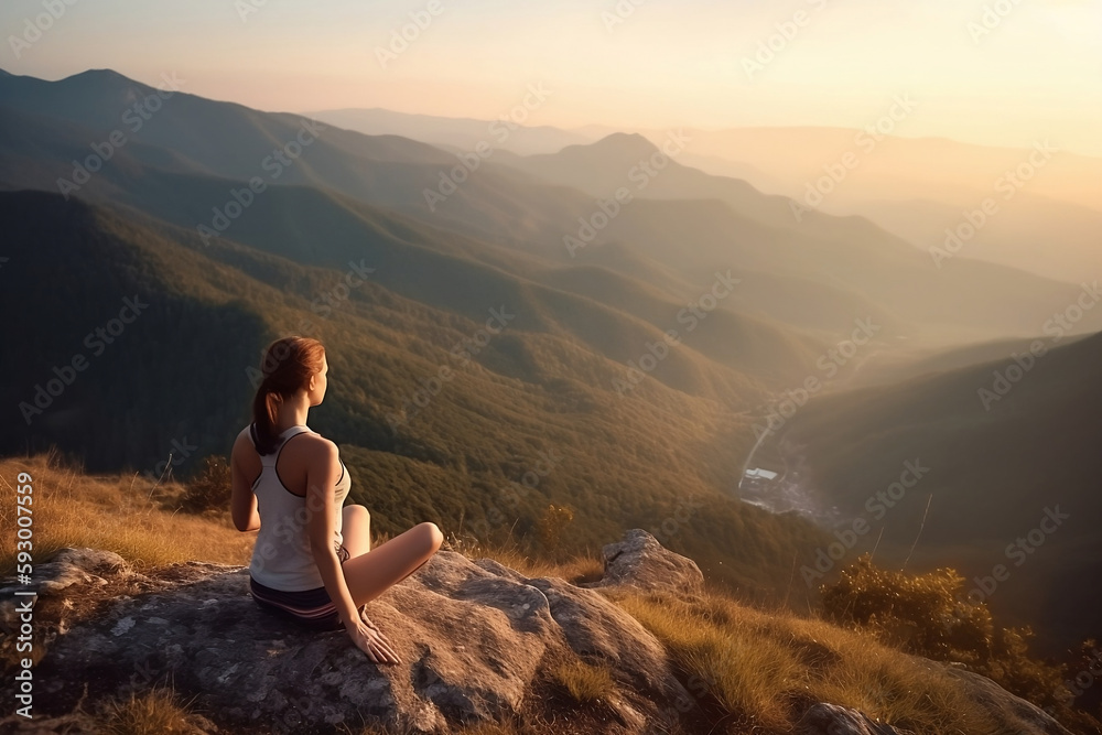 Female practicing meditation on top a mountain high up in the clouds generated by AI.