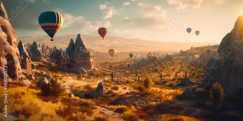 background landscape Cappadocia with hot air balloons sun light. Concept trip Turkey travel, wallpaper, Generative Ai