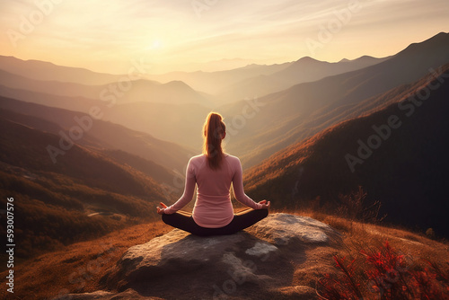 Female practicing meditation on top a mountain high up in the clouds generated by AI.