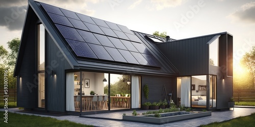 Solar panel on home roof of suburban villa clean sustainable electrical source