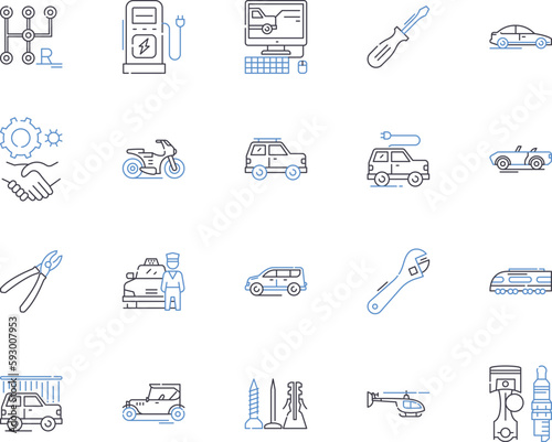 Transport service outline icons collection. Transportation, Shipping, Delivery, Courier, Logistics, Freight, Moving vector and illustration concept set. Hauling, Cruise, Rail linear signs
