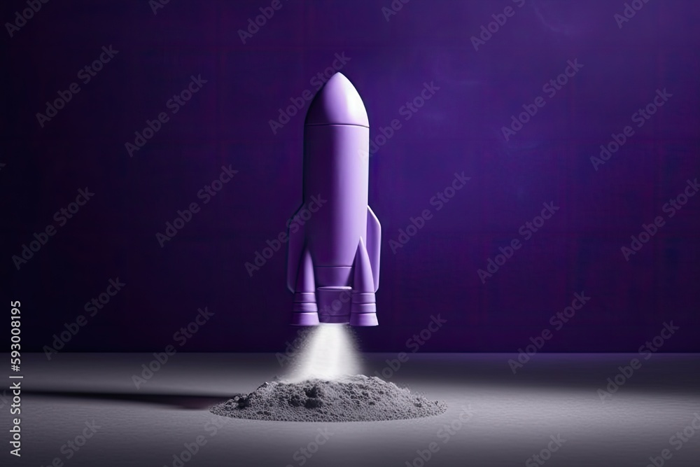 A purple backdrop and an illustration of a rocket touching down on the ...