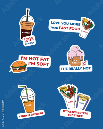 Fast food flat vector stickers with texts, illustrations, cartoon, eps10