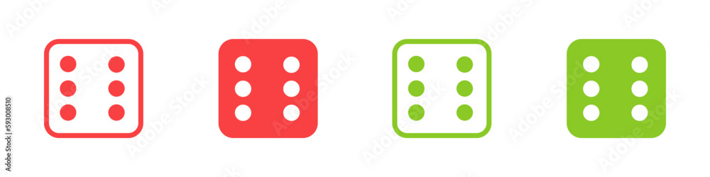 Six. Green and red casino dice sign. Playing bones vector illustration. Dice vector icon. Six. Green and red casino dice sign. Playing bones vector illustration. Dice vector icon.