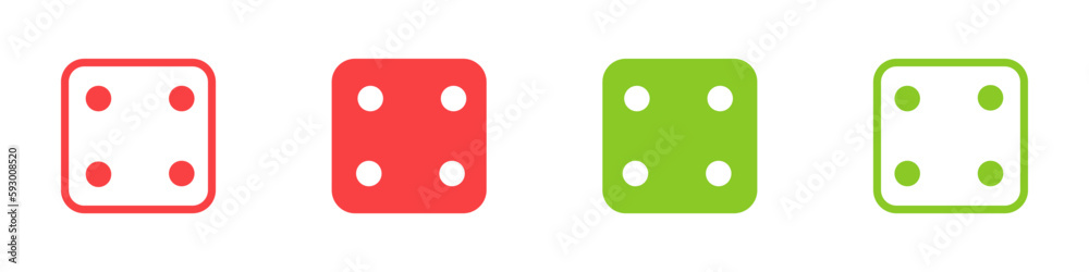 Four. Green and red casino dice sign. Playing bones vector illustration. Dice vector icon. Four. Green and red casino dice sign. Playing bones vector illustration. Dice vector icon.