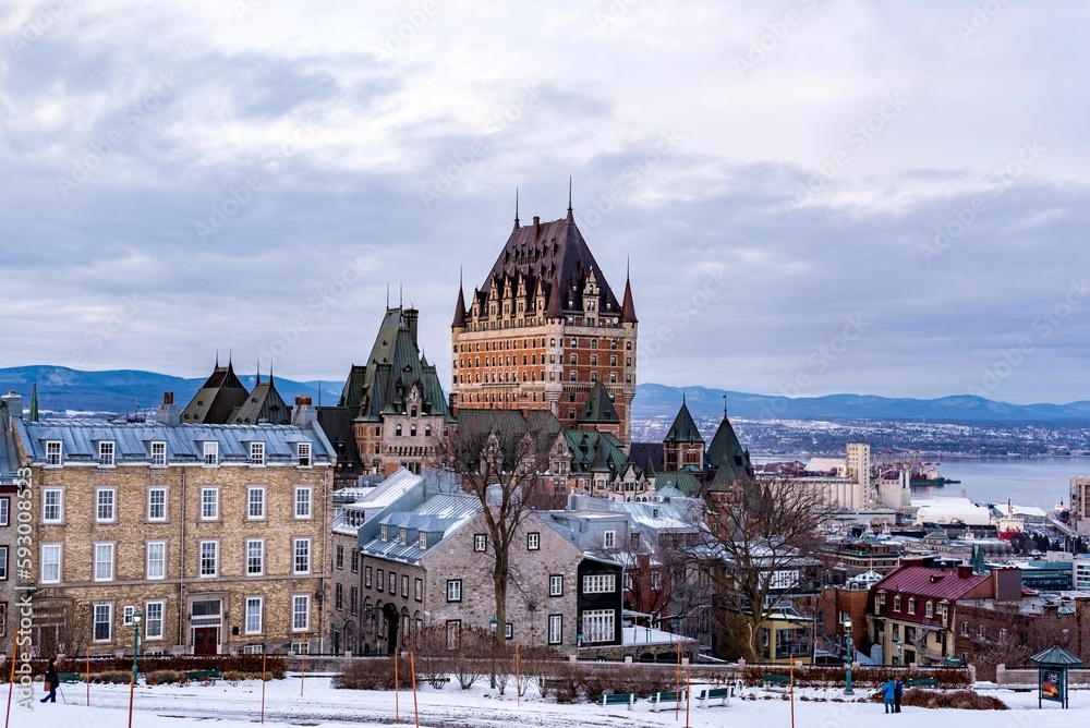 Daytime view of the Fairmont Le Chateau Frontenac in a winter day in Quebec City, Canada