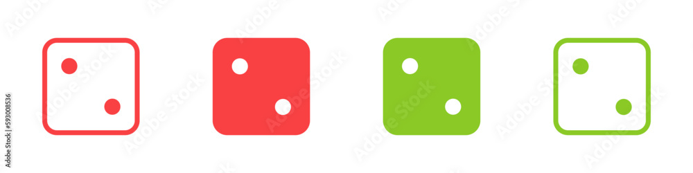 Two. Green and red casino dice sign. Playing bones vector illustration. Dice vector icon. Two. Green and red casino dice sign. Playing bones vector illustration. Dice vector icon.