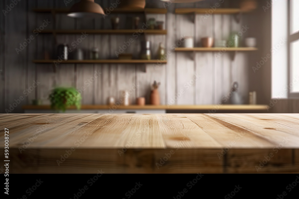 Empty wooden table in front of blurred kitchen background, product display montage